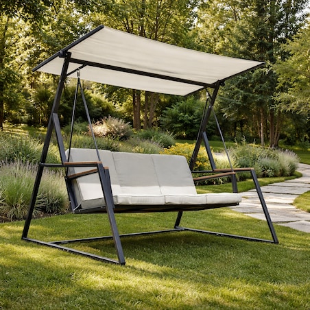 Huśtawka OGRODOWA 3-osobowa bujana z DASZKIEM duża METALOWA wolnostojąca
