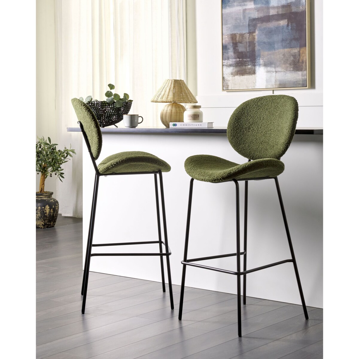 Zestaw 2 krzeseł barowych boucle ciemnozielony LUANA