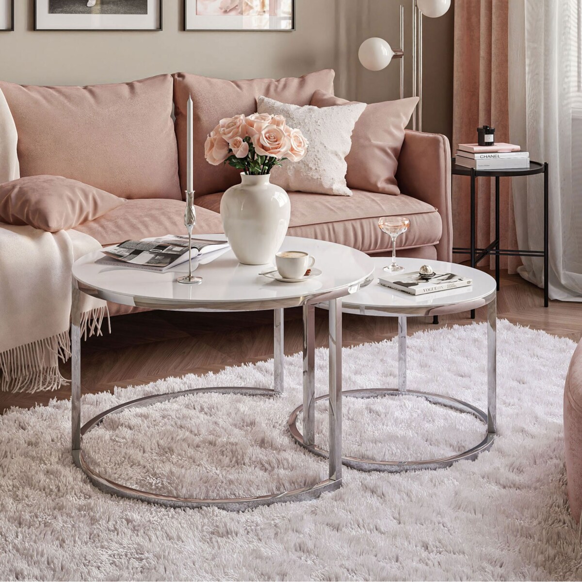 Stolik kawowy CIRI 2w1 chrom białe szkło