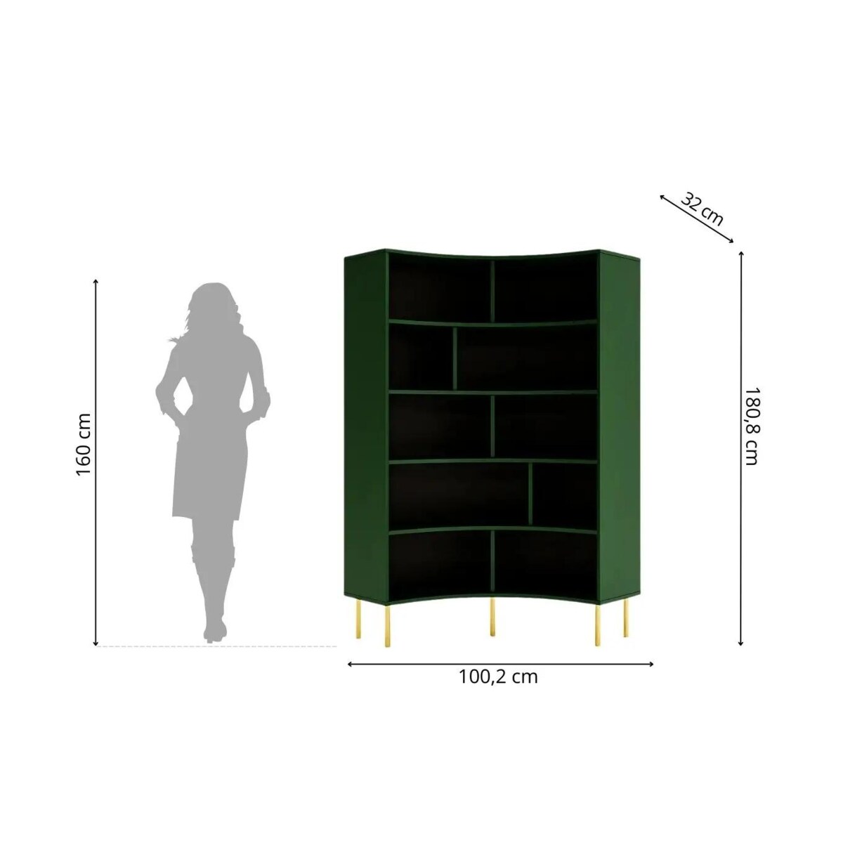 Nowoczesny narożny regał na książki Skandica HORN ze złotymi nogami / zielony