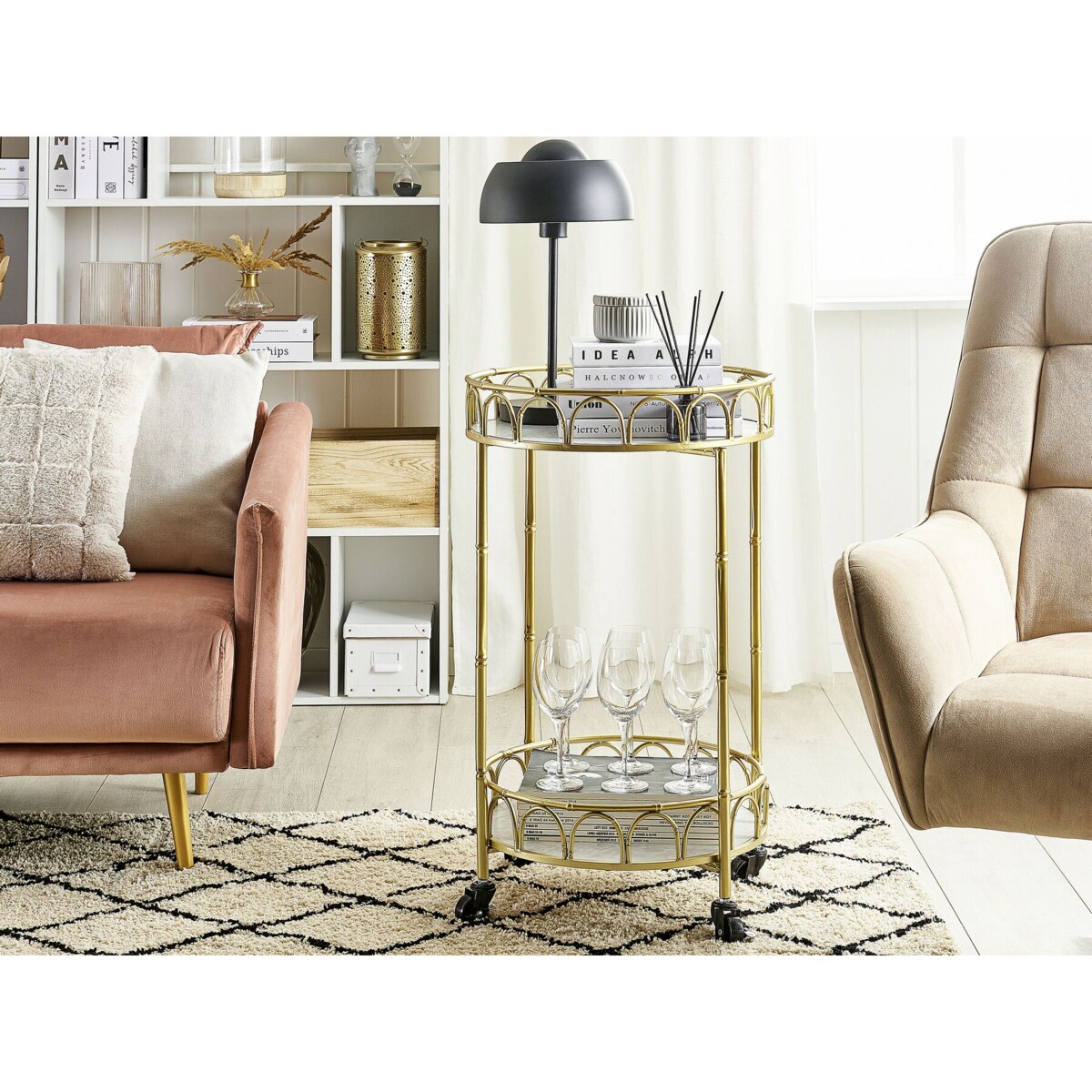 Metalowy wózek kuchenny 2-poziomowy złoty z efektem marmuru SHAFTER