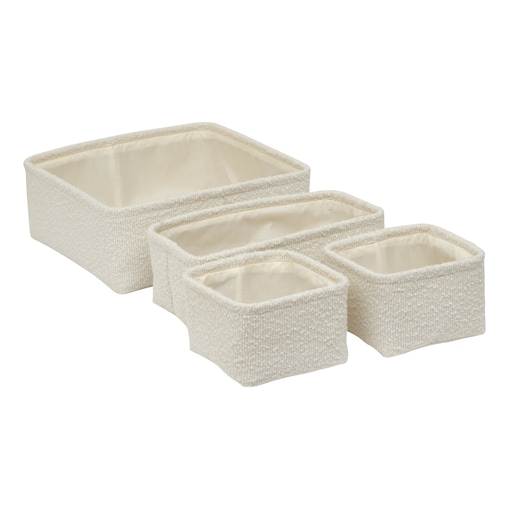 Zestaw 4 koszy tekstylnych BOUCLETTE, 15,5 x 15,5 x 11 cm, kolor biały, poliester
