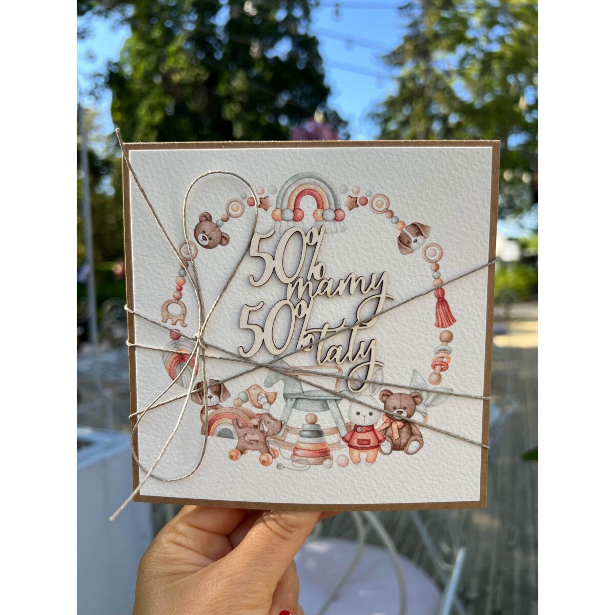 Ręcznie robiona kartka na narodziny dziecka - gratulacje 50% mamy 50% taty