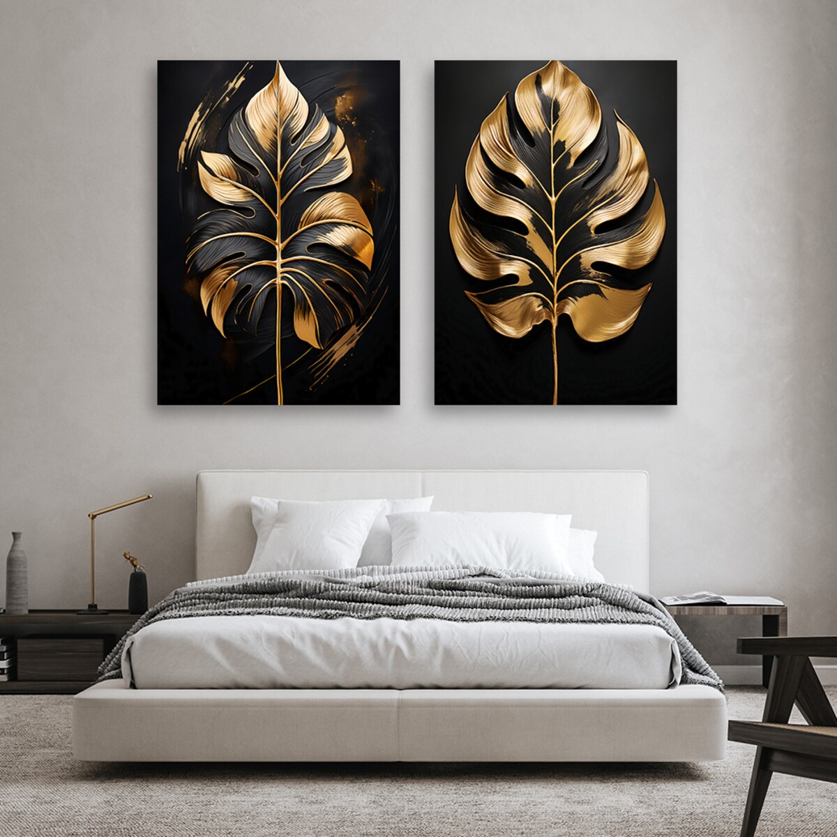 Zestaw 2 obrazy do salonu sypialni biura spa pokoju Monstera Złote Liście Glamour 140x100 (2x70x100)