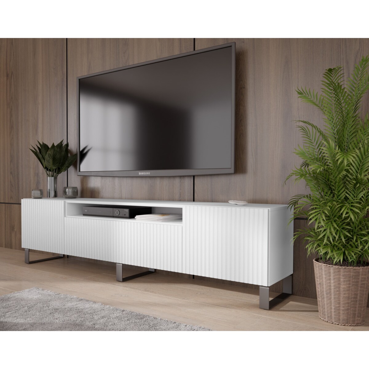 Szafka RTV MARCO 200 cm, na metalowych nogach, frezowane fronty- biała