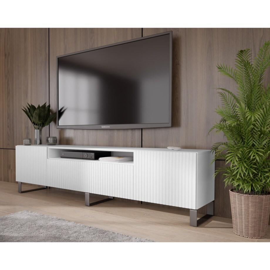 Szafka RTV MARCO 200 cm, na metalowych nogach, frezowane fronty- biała