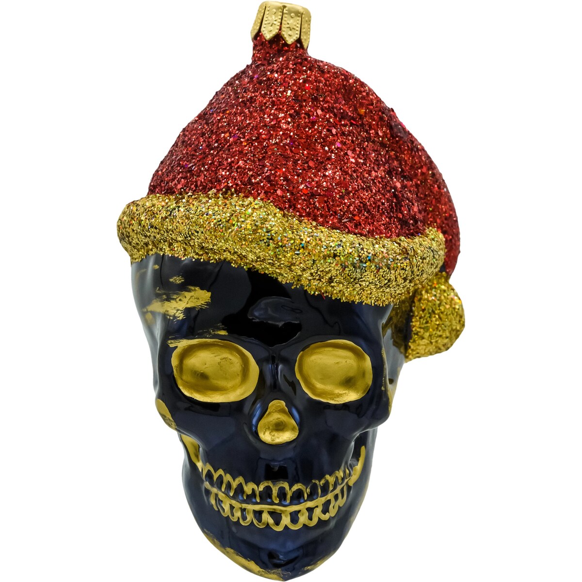Bombka choinkowa: Czaszka w czapce świętego Mikołaja z złotymi akcentami