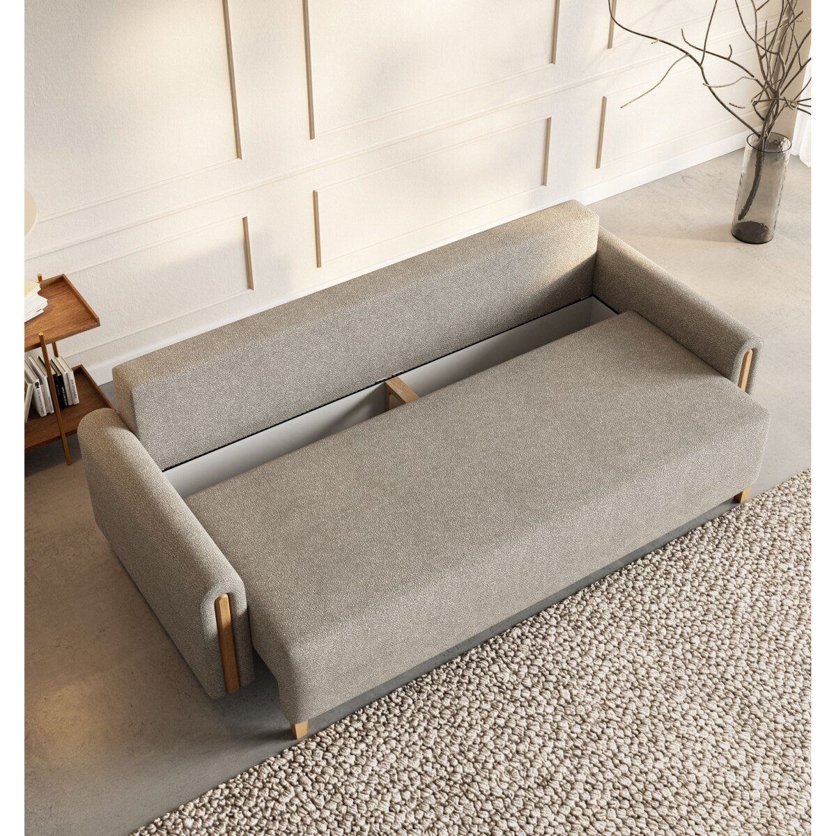 Kanapa MODERN z funkcją spania do salonu- beżowa + drewno bukowe