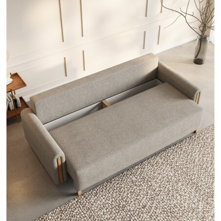 Kanapa MODERN z funkcją spania do salonu- beżowa + drewno bukowe