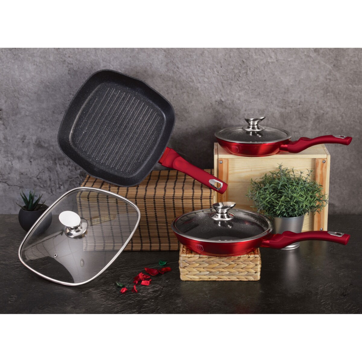 Zestaw 3 patelni z pokrywkami Metallic Line Burgundy Berlinger Haus BH-6189