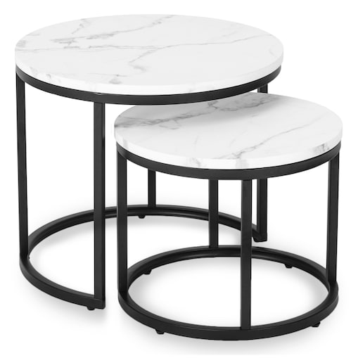 Stolik Kawowy Okrągły Loft Ława Do Salonu 2w1 DAFNE Biały Marmur Czarny