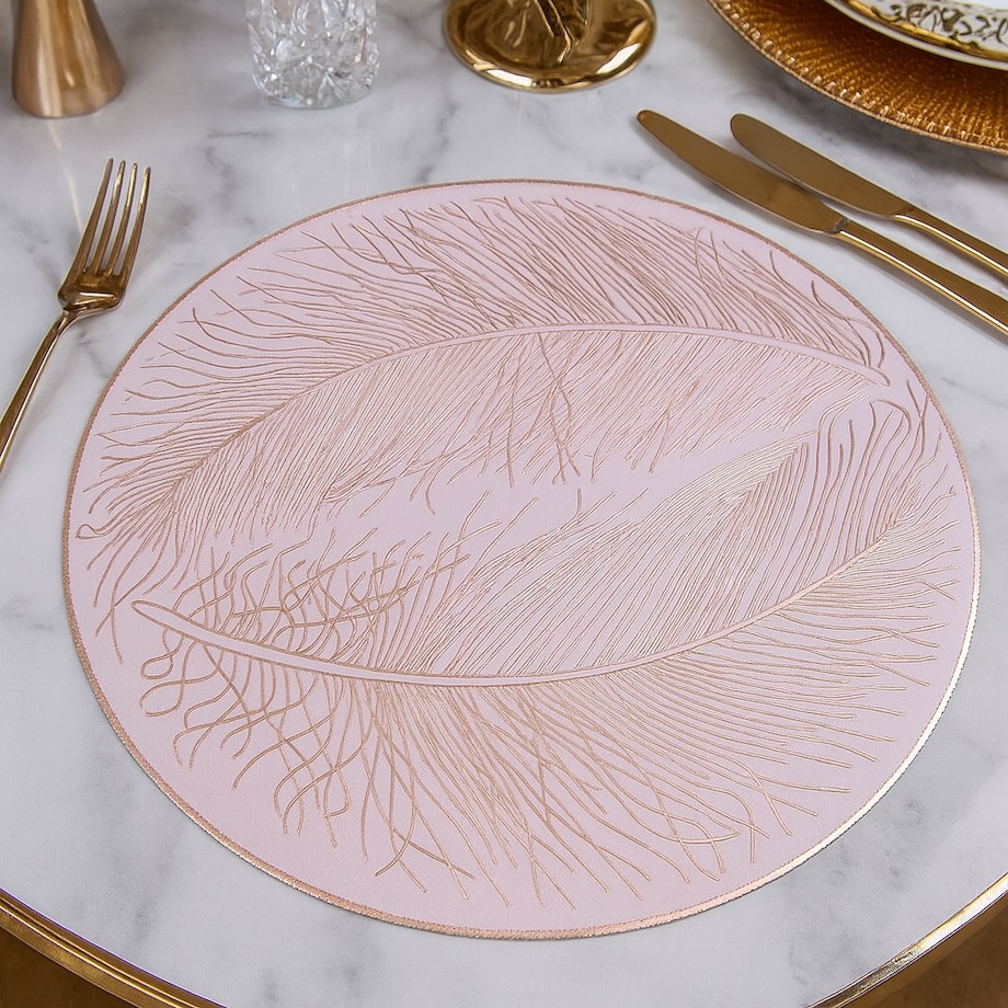 Podkładka dekoracyjna na stół "pióra" śr 38cm | biały/różowe złoto