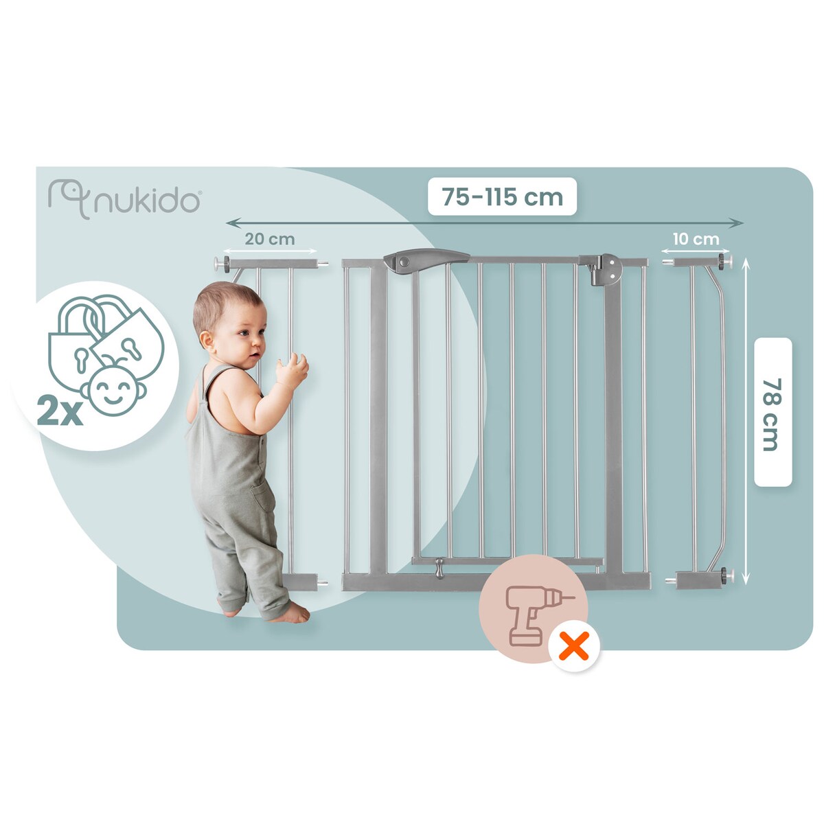 Barierka zabezpieczająca Nukido na schody drzwi rozporowa 75-115cm szara 718301