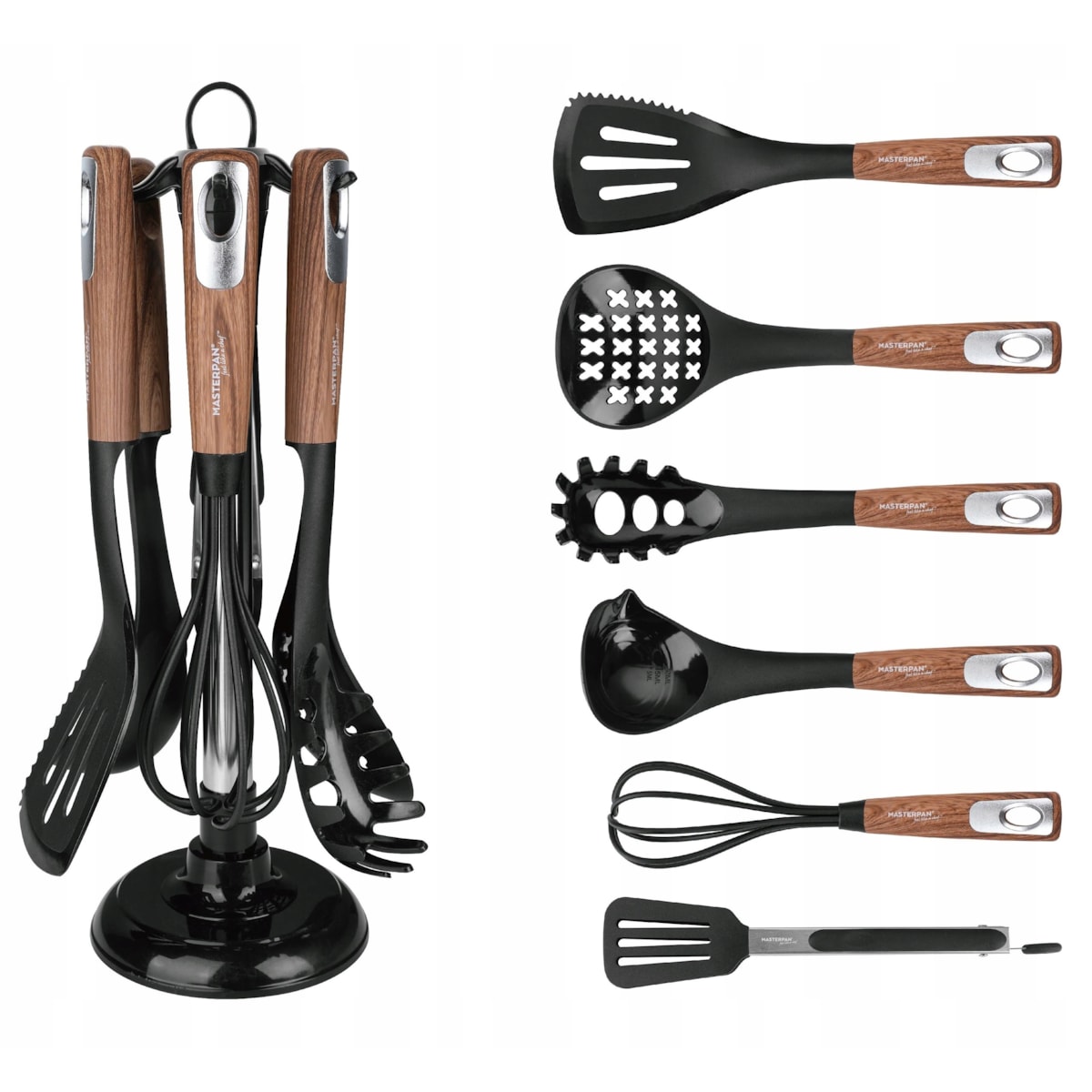 Zestaw Przyborów Kuchennych 7 El. Komplet Łyżka Trzepaczka Szczypce Stojak