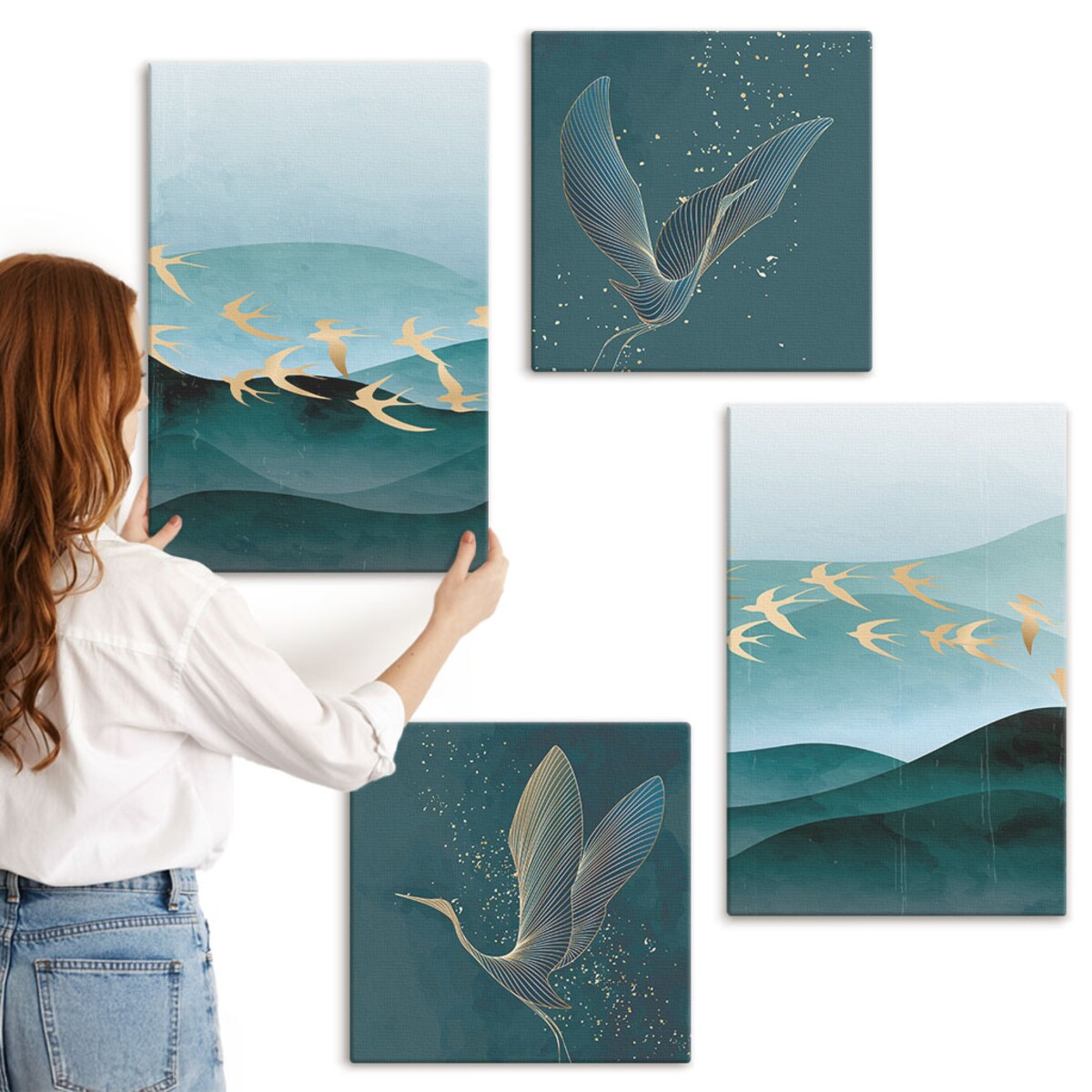 Zestaw 4 obrazów na płótnie - Abstrakcyjne pejzaże fal ptaków - turkusowy