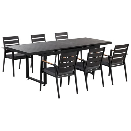 Zestaw ogrodowy stół rozkładany i 6 krzeseł czarny z poduszkami szarymi VALCANETTO/TAVIANO
