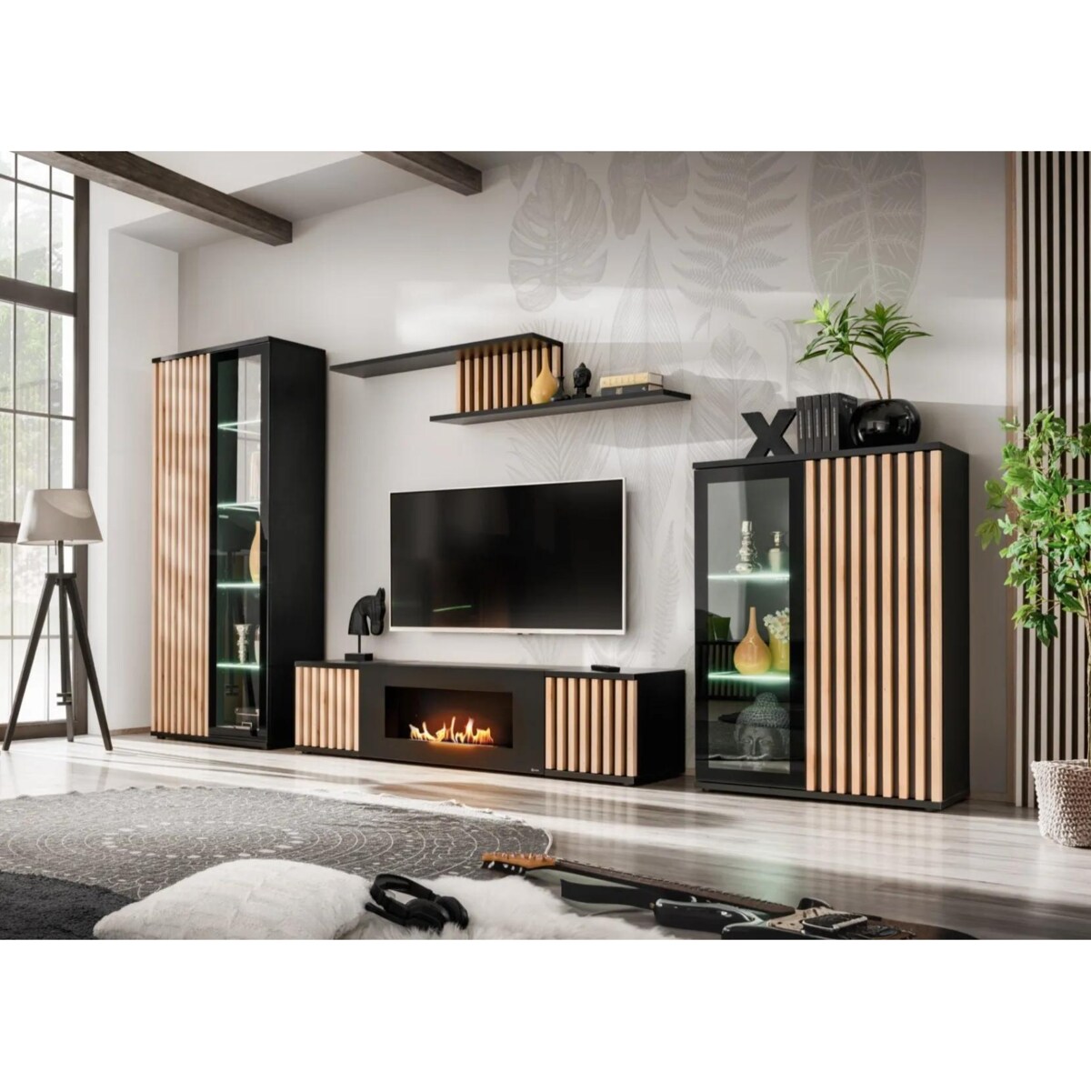 Meblościanka CAMERON LED hickory jackson/czarna z biokominkiem