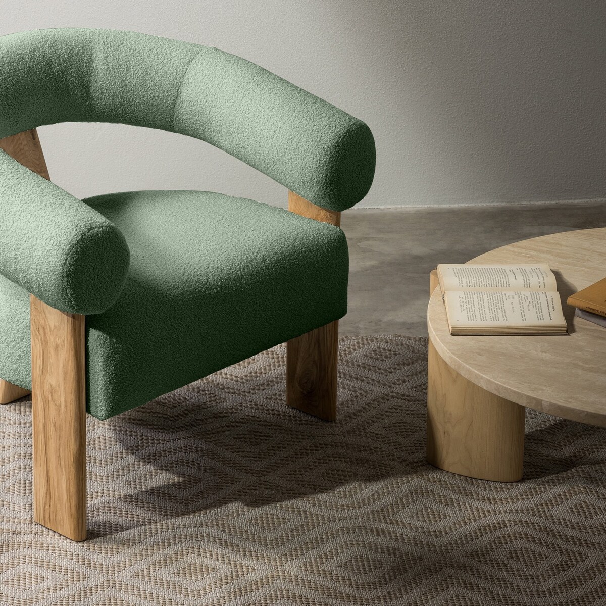 Fotel wypoczynkowy szałwiowy bouclé/dąb Ilady