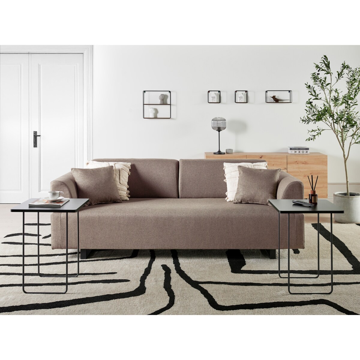 Sofa ze stolikami brązowa SOKNA