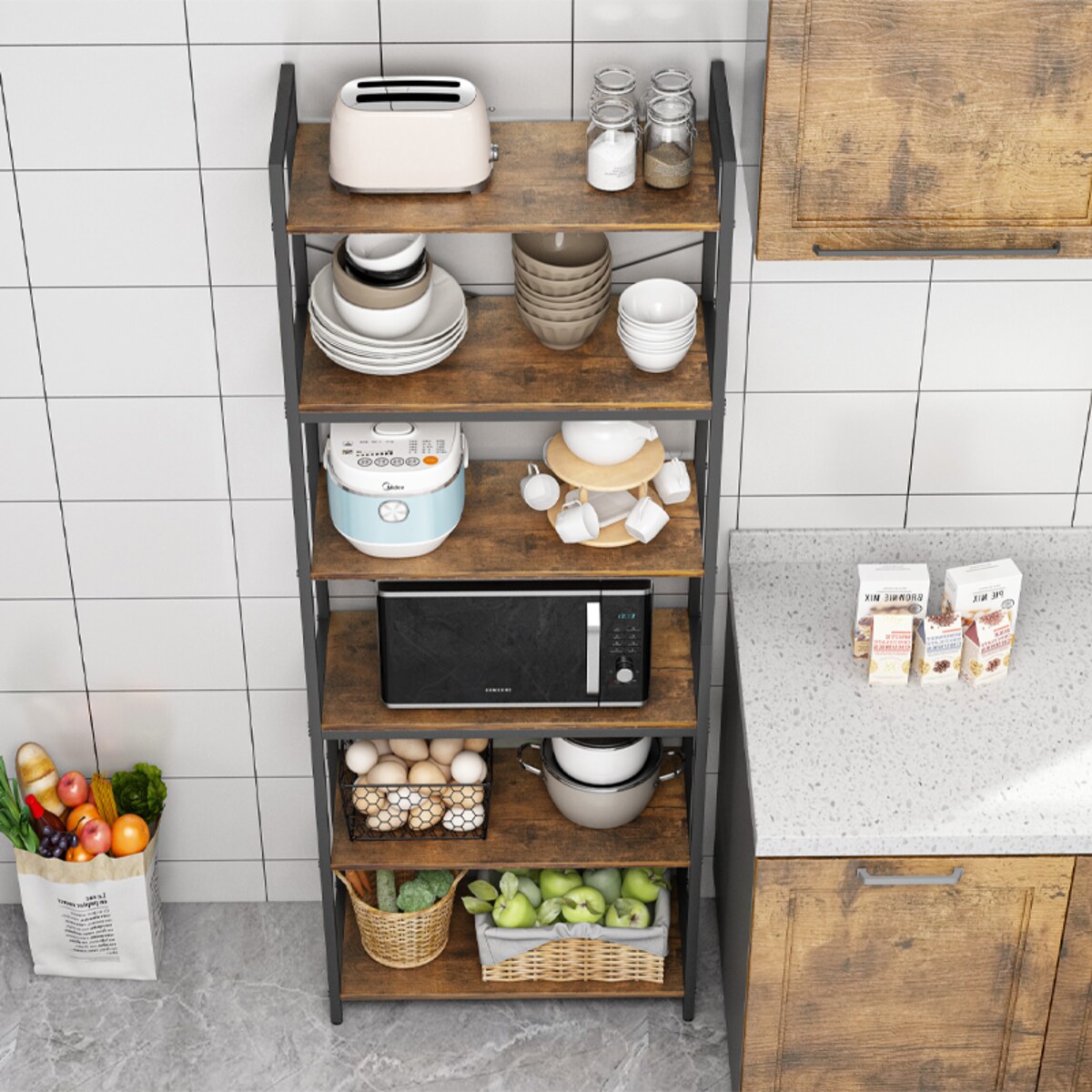 Regał półka industrialny stojący 6 półek drabinka na książki jasny brąz