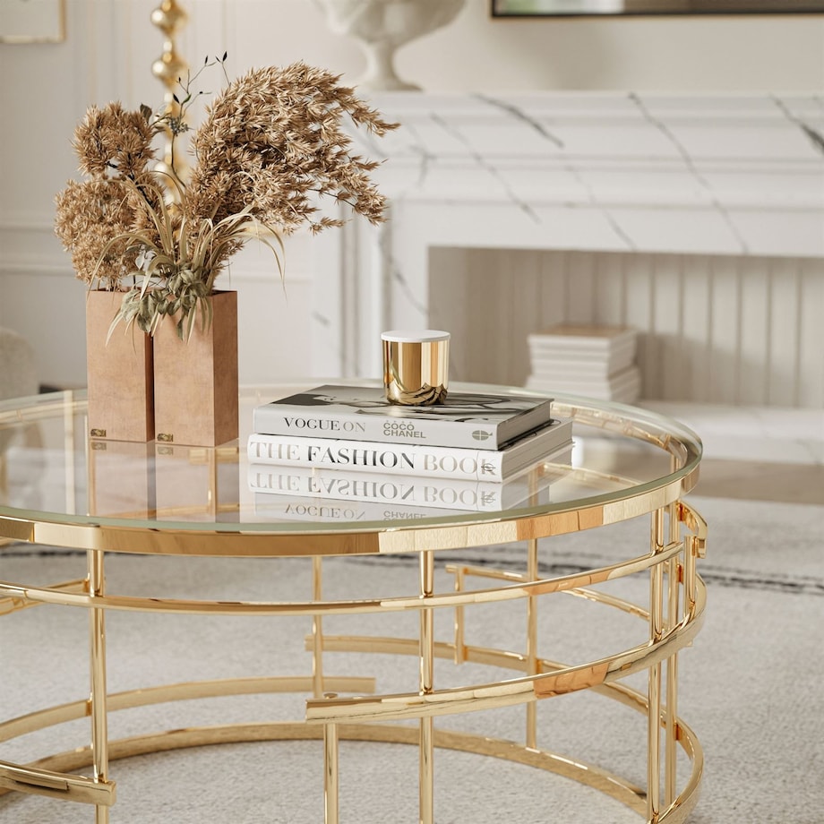 Stolik kawowy LAVINIO złoty chrom szklany blat