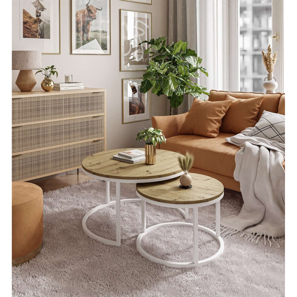 Okrągły stolik kawowy CIRI 2w1 biały dąb artisan