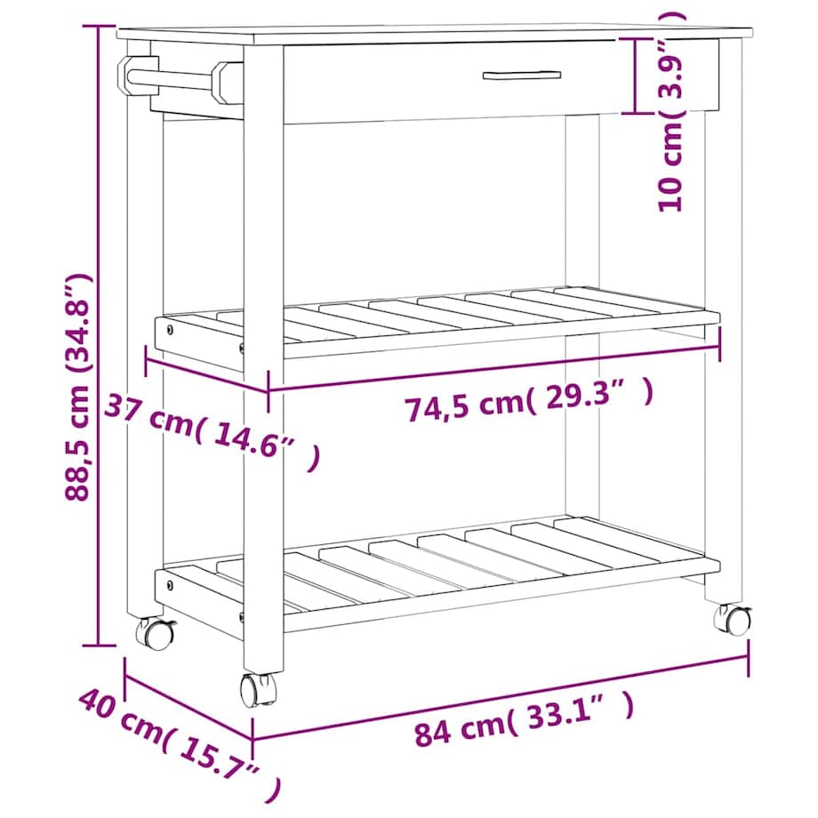 vidaXL Wózek kuchenny MONZA, 84x40x88,5 cm, lite drewno sosnowe