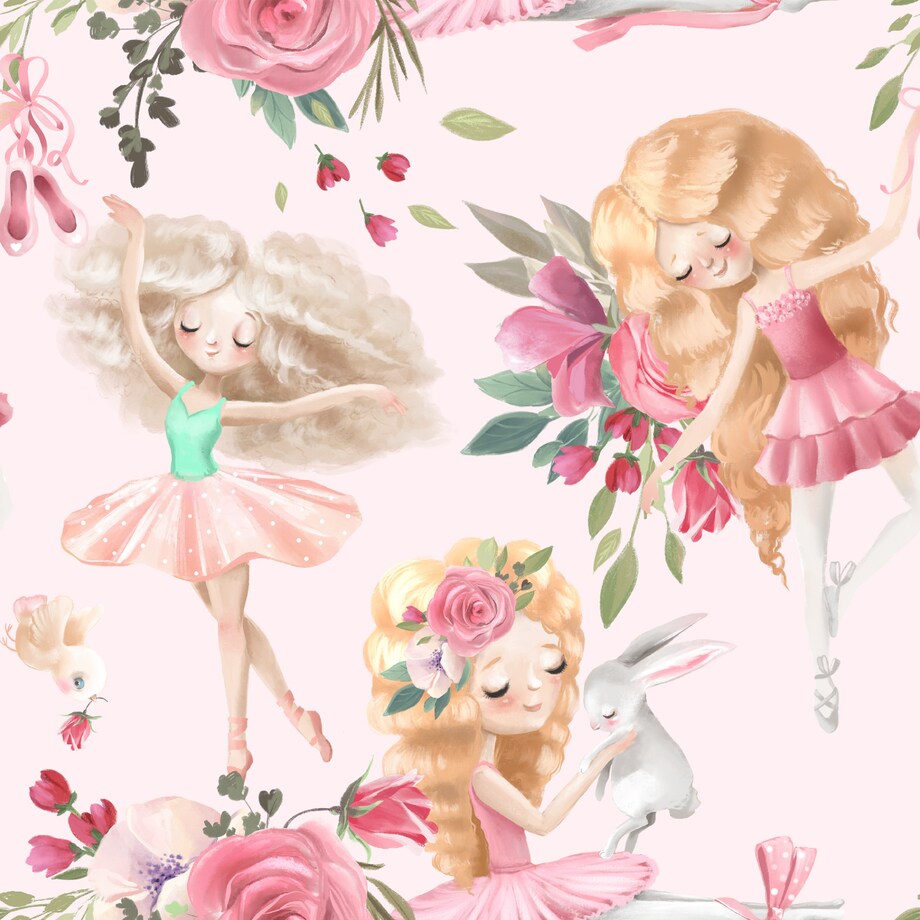 Tapeta dla dziewczynki baletnice króliczki kwiaty
