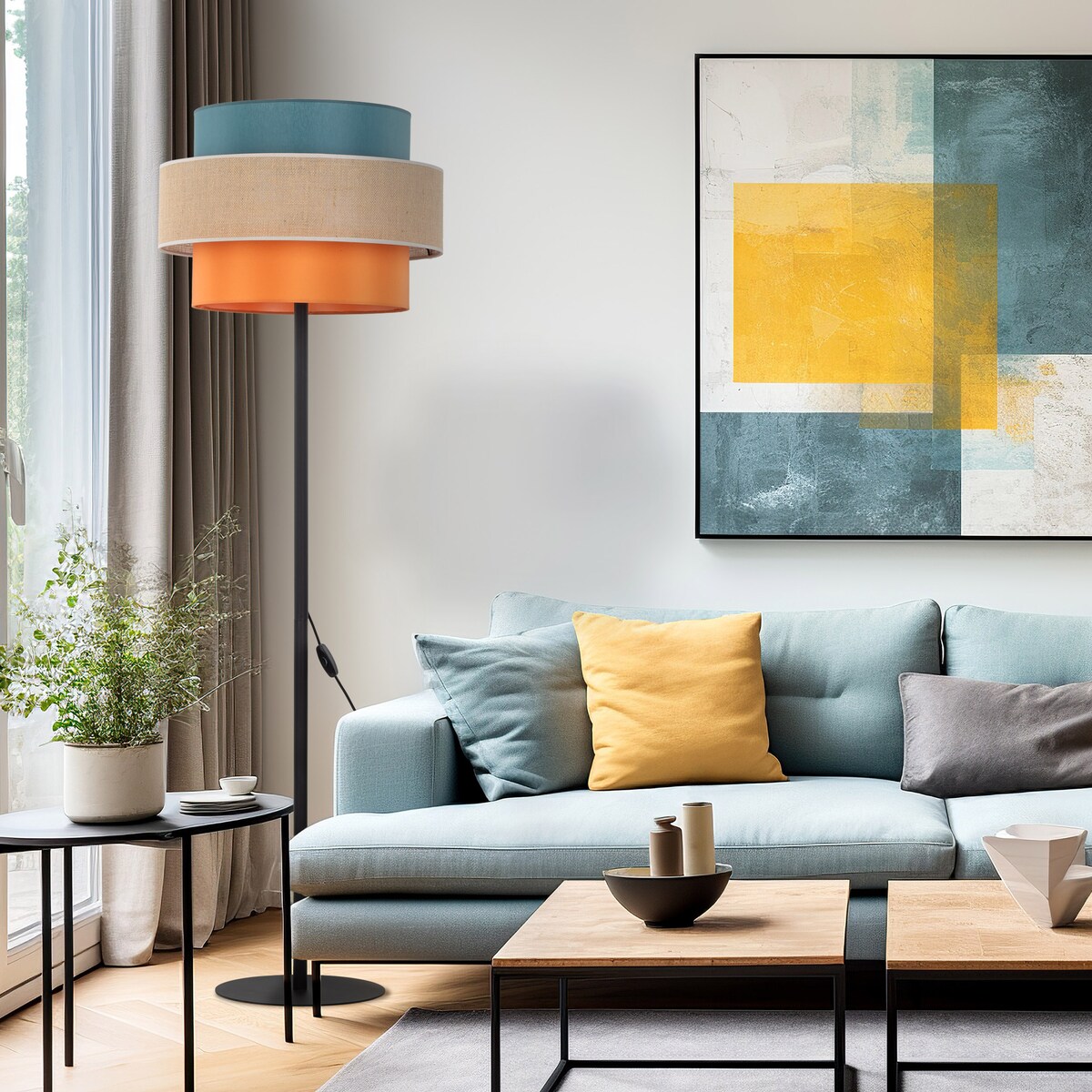 Lampa podłogowa TK Lighting TRIO JUTA MIX 6452 E27 159 cm wielokolorowa z kloszem z tkaniny i juty do salonu