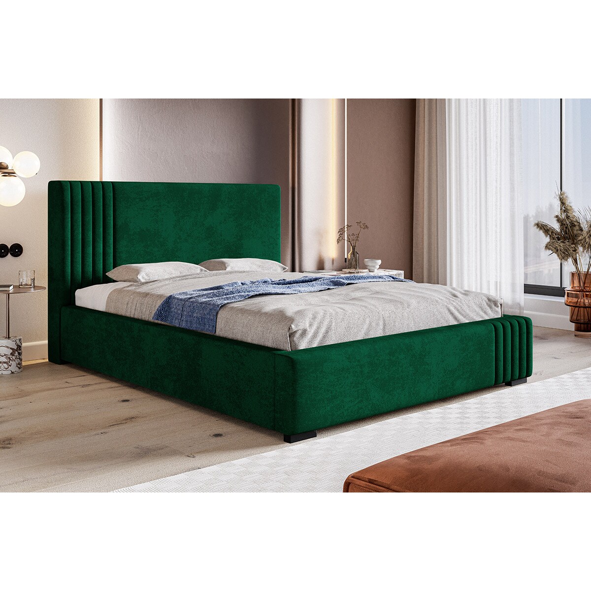Wygodne łóżko tapicerowane 120x200 BEN 13 z pojemnikiem - ciemna zieleń