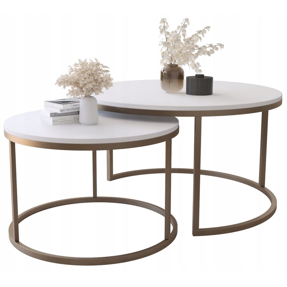 Zestaw 2 Stolików Kawowych Okrągłe LOFTOWE INDUSTRIAL Biały SOFT LOFT GOLD