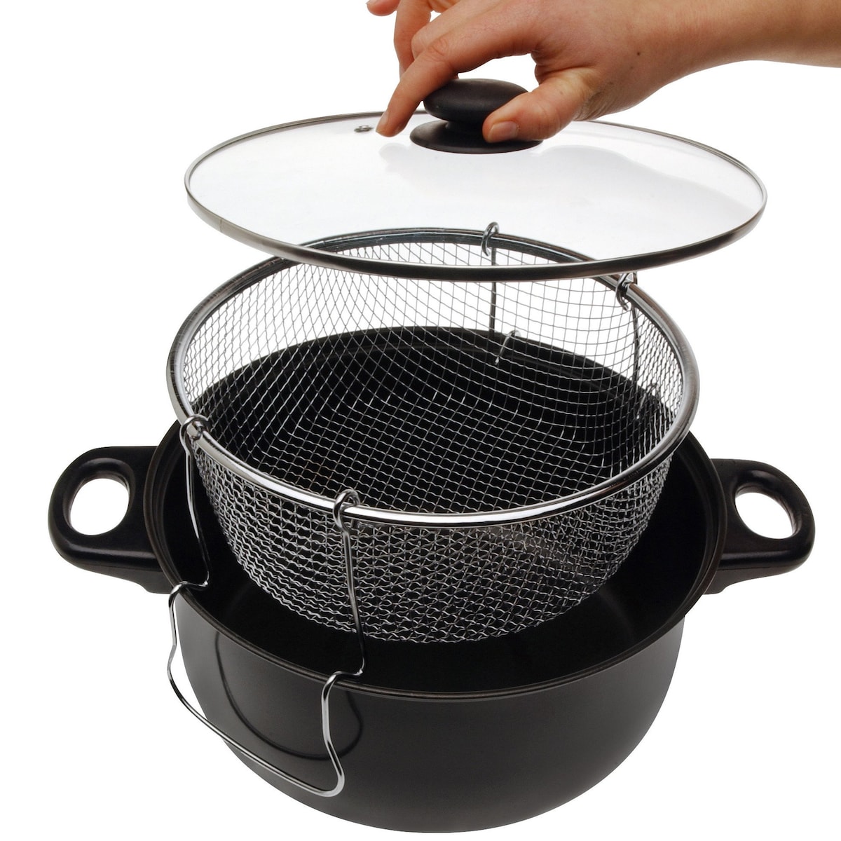 Garnek do smażenia na głębokim oleju z koszyczkiem i szklaną pokrywką, 26 cm, kolor czarny