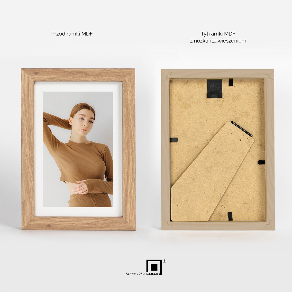 Brązowa ramka na zdjęcia 10x15 cm rama MDF z plexi wisząca stojąca klasyczna ramka