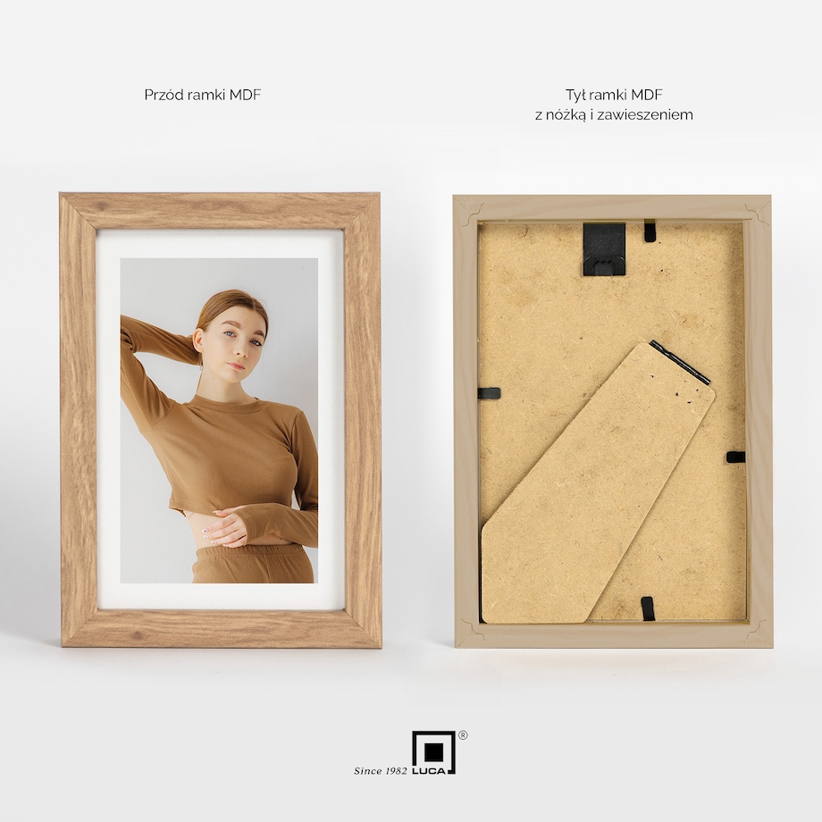 Brązowa ramka na zdjęcia 10x15 cm rama MDF z plexi wisząca stojąca klasyczna ramka