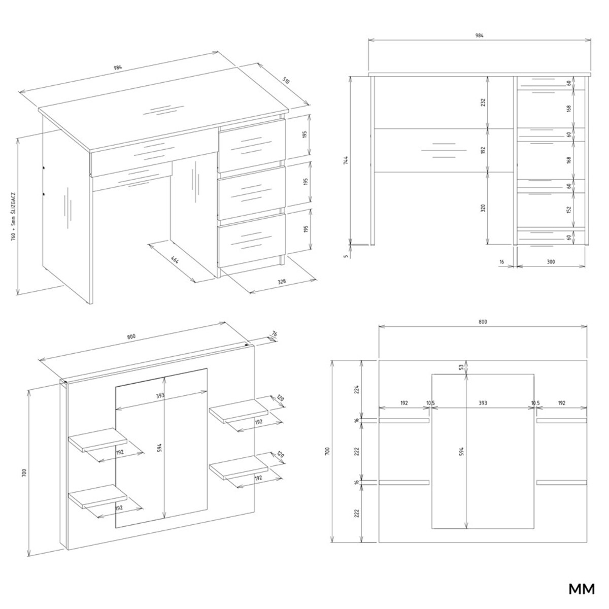 Toaletka MARINA 4P LUSTRO MIJAS PRAWE 4 Szuflady 4 Półki BIAŁA Do Sypialni