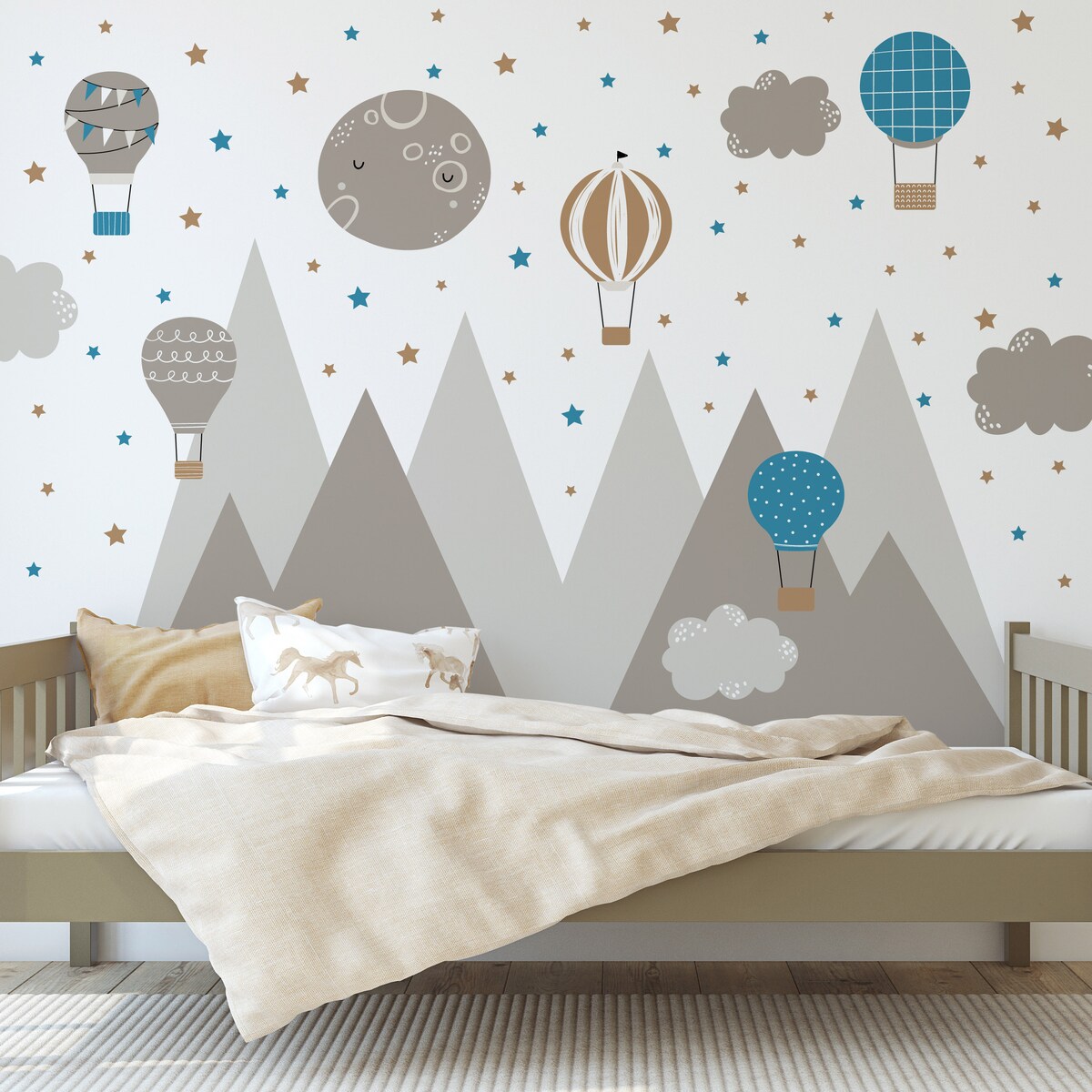 ZESTAW NAKLEJEK DLA DZIECI NA ŚCIANĘ BRĄZOWE GÓRY GWIAZDKI BALONY
