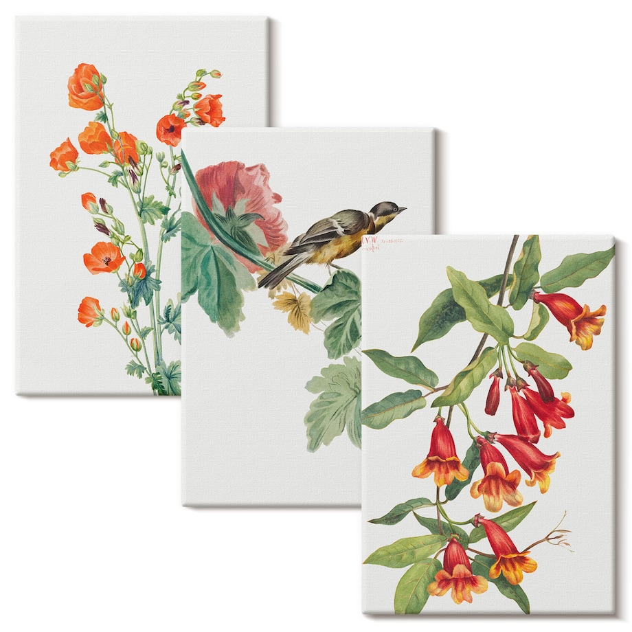 Zestaw 3 małych obrazów na płótnie - Malowane kwiaty i ptak - pomarańczowy