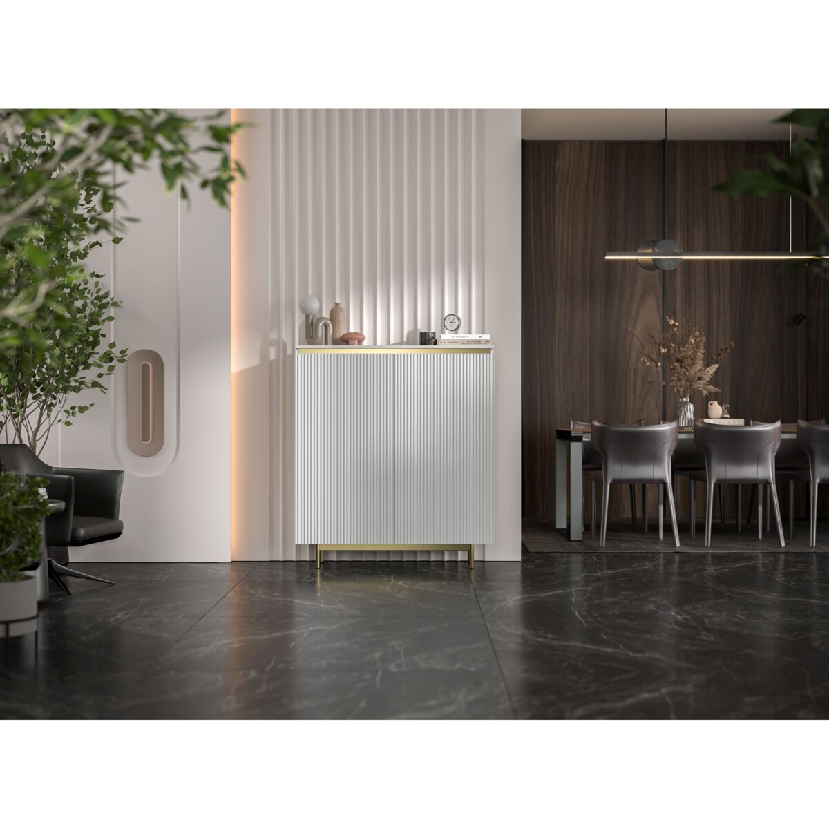 Komoda RTV Glamour 111 cm biała matowa ryflowane fronty złota rama