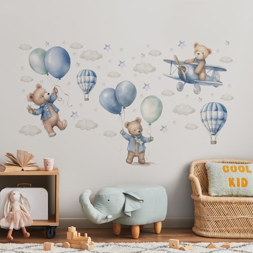 Naklejki Na Ścianę Dla Dzieci MISIE Balony Samoloty Chmurki Gwiazdki ZESTAW 60x30cm