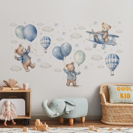 Naklejki Na Ścianę Dla Dzieci MISIE Balony Samoloty Chmurki Gwiazdki ZESTAW 60x30cm