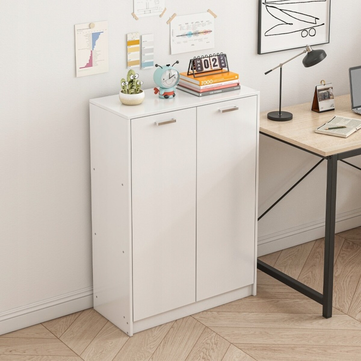 Regał biurowy 2-drzwiowy z półkami słupek szafka stojąca biały loft 108 cm