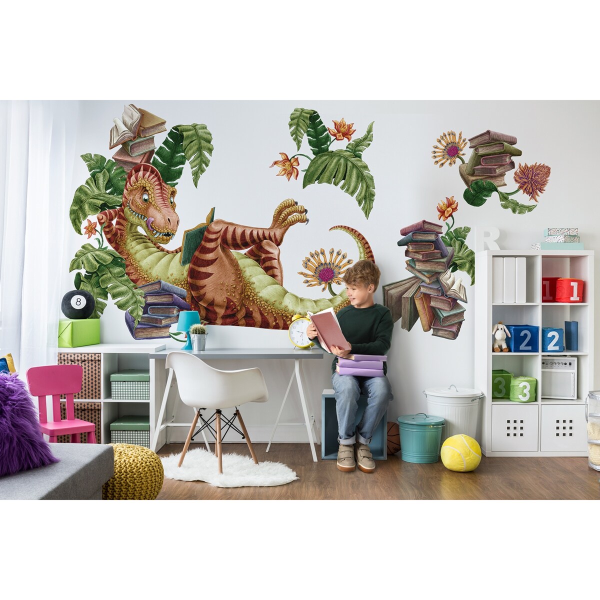 Zestaw naklejek na ścianę, Dinozaur czytelnik, 80cm