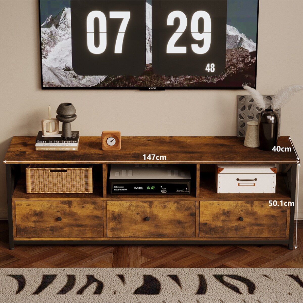 Szafka pod telewizor RTV 143 cm 3 szuflady loft vintage rustykalny brąz