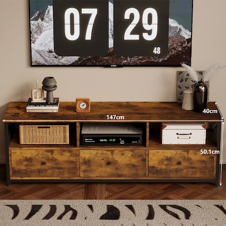 Szafka pod telewizor RTV 143 cm 3 szuflady loft vintage rustykalny brąz