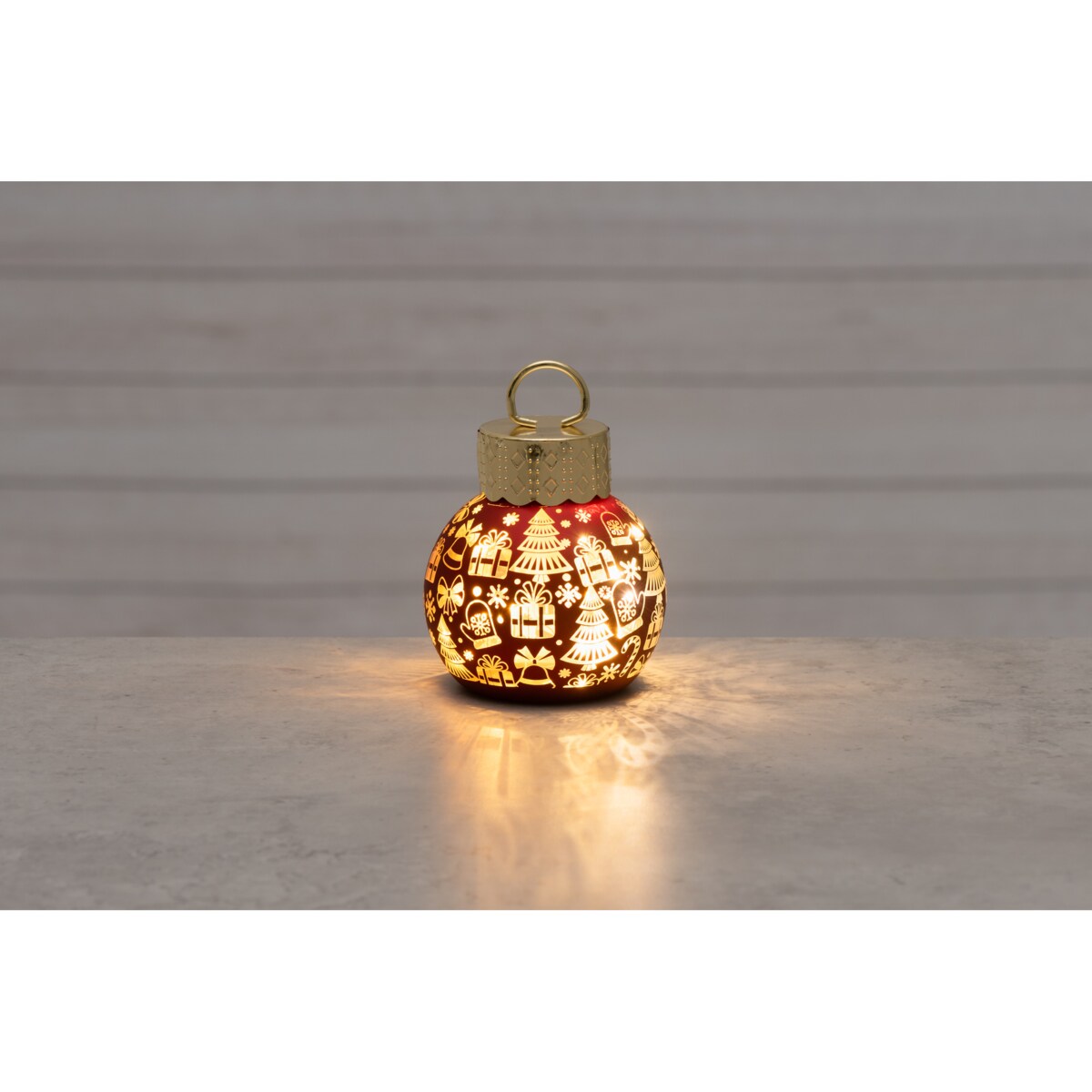 Bombka choinkowa szklana z oświetleniem LED, motyw prezentów, Ø 10 x 13 cm
