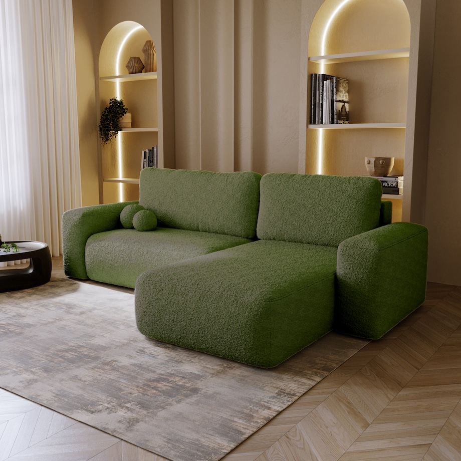 Narożnik Prawy ILO z funkcją spania i pojemnikiem na pościel, zielony