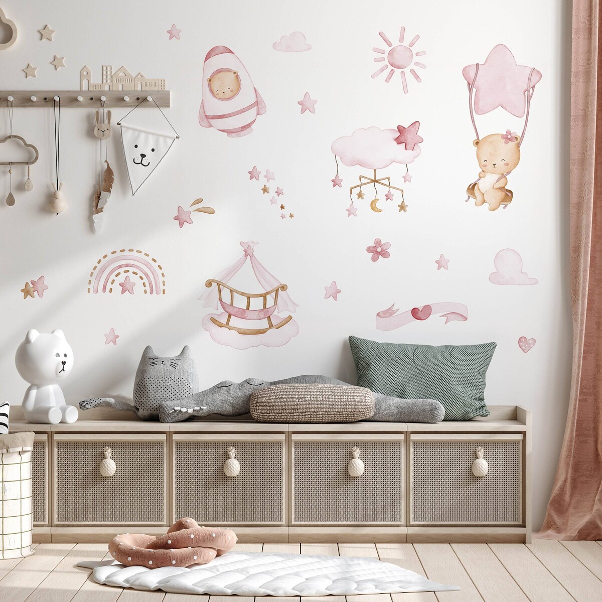 Naklejki Na Ścianę Dla Dzieci Misie Różowe Chmurki Rakieta Styl Boho ZESTAW 120x60cm