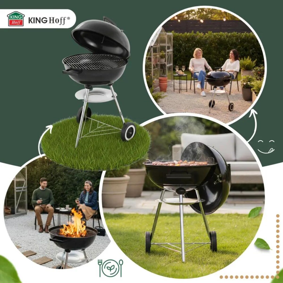 Grill węglowy ogrodowy, z pokrywą, na kółkach, KINGHOFF