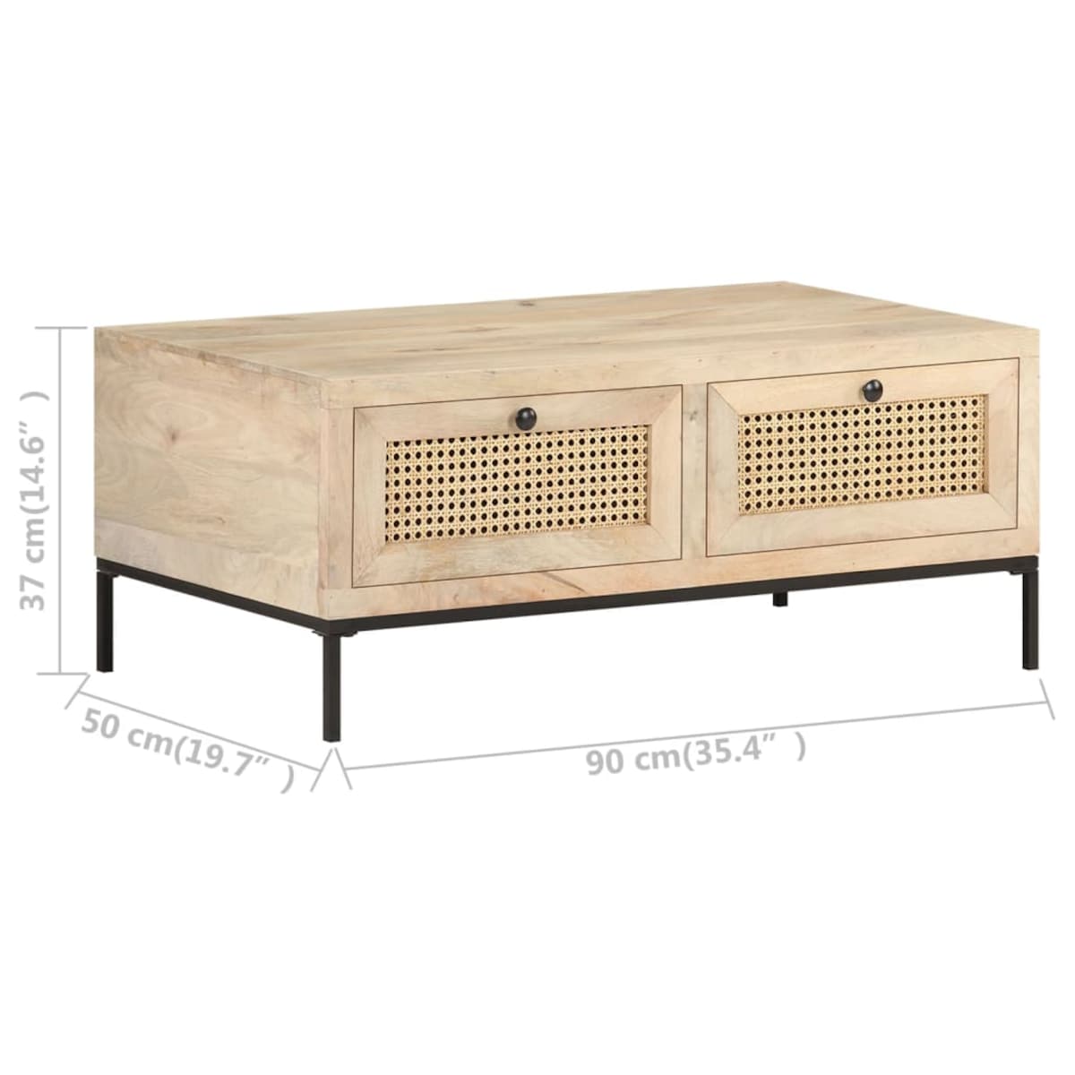 vidaXL Stolik kawowy, 90x50x37 cm, drewno mango i naturalna trzcina