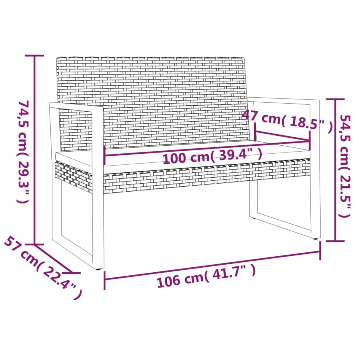 vidaXL Ławka ogrodowa z poduszkami, czarna, 106 cm, polirattan